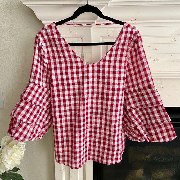 Gingham Ruffle Sleeve Open Back Top Red + White M - Picture 2 of 7